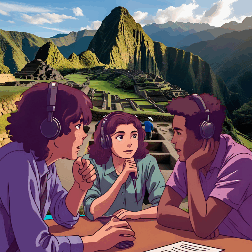 thre students sittion around a table with microphones and headphones with Machu Pichu as the background